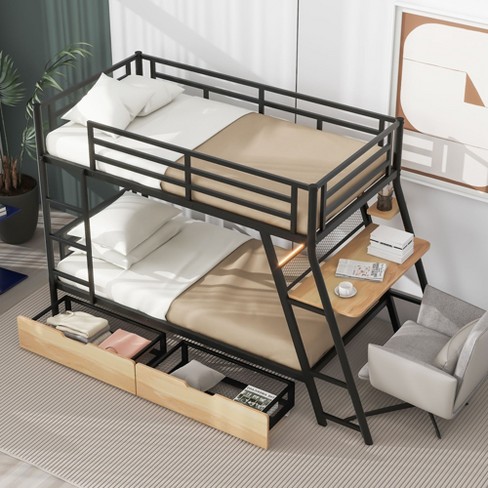 Twin Size Metal Bunk Bed With Built-in Desk, Light And 2 Drawers, Black ...