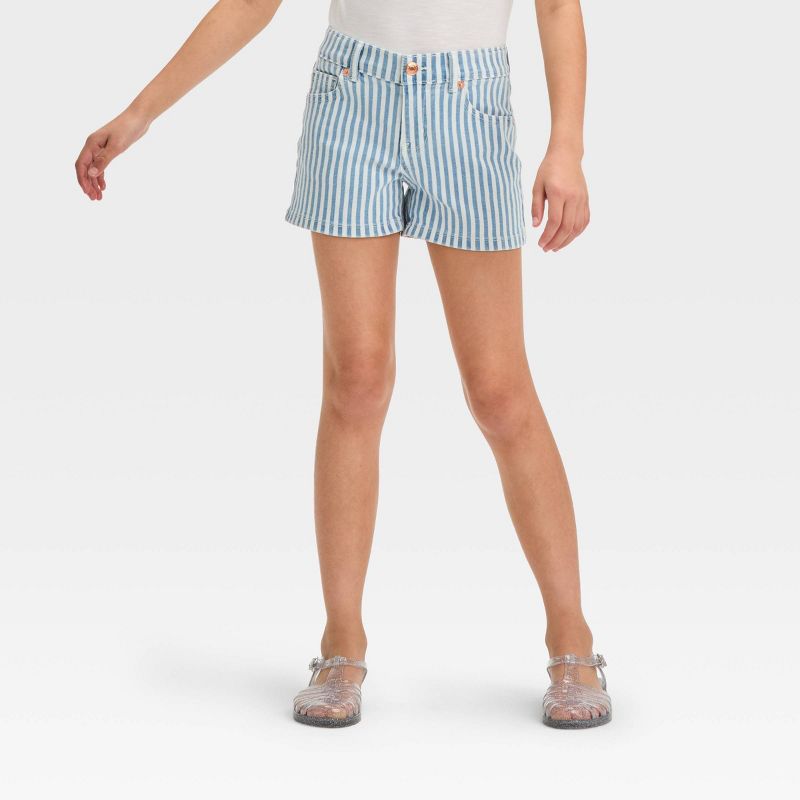 Girls&#39; Mid-Rise Wide Striped Jean Shorts - Cat &#38; Jack&#8482; Blue/White, 1 of 5