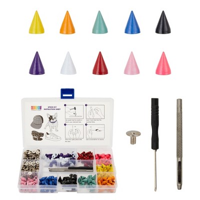 Bright Creations 230 Piece Set Colorful Spikes and Studs for Crafts and Clothing with Tools and Grid Storage Box (7x10mm, 10 Colors)