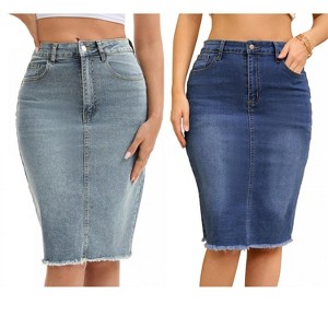 INSPIRE CHIC Women's Raw Hem High Waisted Pockets Stretch Knee Length Jean Denim Skirt 2 Packs - 1 of 4