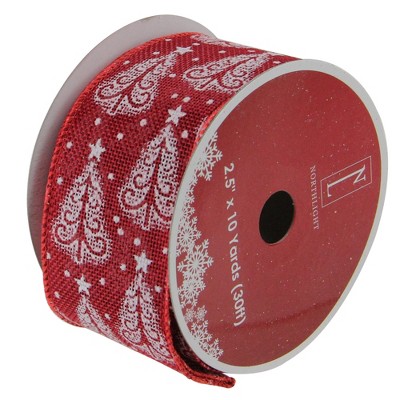 Northlight Cranberry Red and White Trees Wired Christmas Craft Ribbon 2.5 x 120 Yards