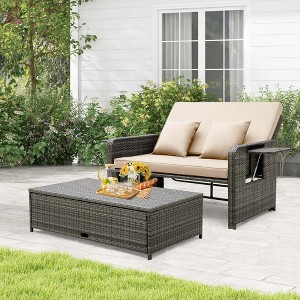 Costway Wicker Loveseat Sofa Set Patio Rattan Daybed with Ottoman & Retractable Side Tray Brown/Black/Navy - 1 of 4