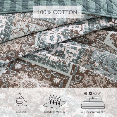Full Blue Cotton Reversible Quilt Set with Shams