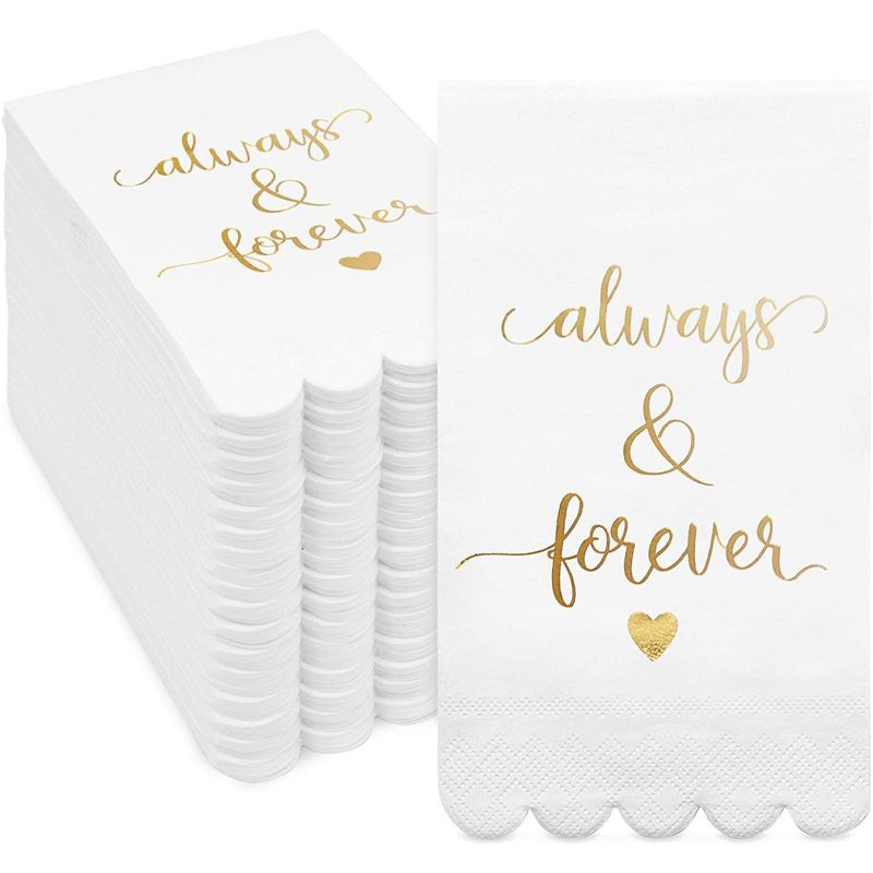 Sparkle and Bash 100 Pack White Napkins for Wedding Reception with Gold Foil Scalloped Edges, Always and Forever, 3-Ply, 4 x 8 In, 1 of 7
