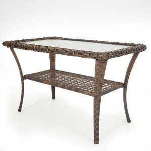 POCASSY Outdoor Coffee Table, 19.7*37.8 Inch Tempered Glass Top Rattan Outdoor Coffee Table with 2-Layer Storage Tables for Garden,Porch,Backyard - 1 of 4