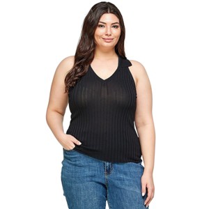 Slickblue Women's Plus Ribbed Polo Sleeveless Top, Fitted V-Neck Knit Blouse, Versatile Style, Black, 1XL-3XL - 1 of 4