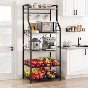 Coucheta Kitchen Bakers Rack, 5 Tier Coffee Bar Station with 2 Large Wire Basket, Microwave Stand with 8 s-Shaped Hooks for Spices, Pots and Pans - 1 of 4