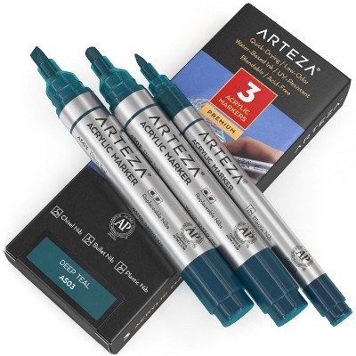Arteza Acrylic Markers (A503 Deep Teal), 2 Big Barrel (chisel+bullet nib) + 1 Small Barrel, Single Color - 3 Pack (ARTZ-