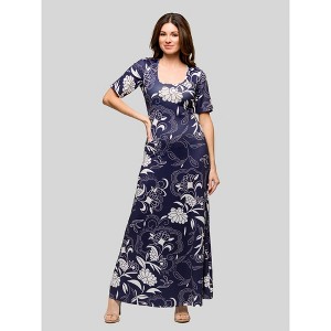 24seven Comfort Apparel Womens Blue Floral Print Elbow Sleeve Casual A Line Maxi Dress - 1 of 4