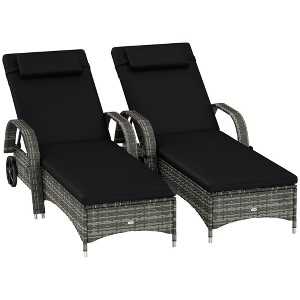 2 Reclining Chaise Lounge Chairs, Rolling Outdoor Chairs with Cushion, Pillow, Headrest, Armrests, and Wheels - 1 of 4
