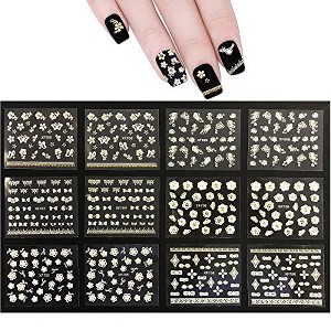 Wrapables 50 Sheets White Flowers & Bows with Gold Rhinestone Nail Stickers Nail Art 3D Nail Decals - 1 of 4