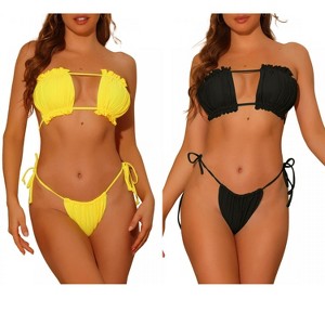 Elerevyo Women's Ruffle Pleated Bandeau Push Up High Cut Tie Side String Bikini Sets Swimsuits 2 Sets - 1 of 4