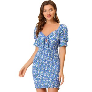 Allegra K Women's Puff Short Sleeve Sweetheart Neck Floral Smocked Bodycon Mini Dress - 1 of 4