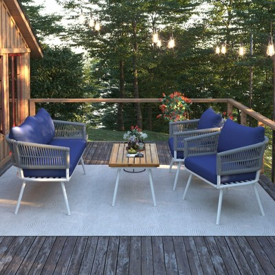 SKRAN 4-Piece Rope Patio Furniture Set, Outdoor Furniture with Acacia Wood Table, Patio Conversation Set for Backyard Porch Balcony, Navy