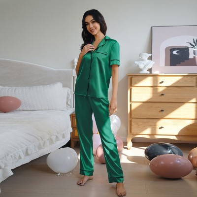 Women's Satin Short Sleeve Button Front Down Shirt & Pants Pajama Sets - Cupshe