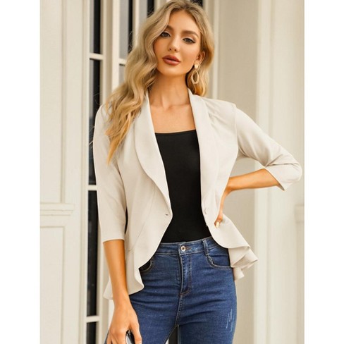 Womens Casual Blazer 3 4 Sleeve Open Front Ruffle Work Office Cardigan Suit Jacket Apricot S