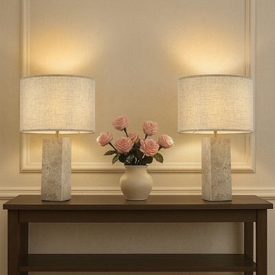 ALOADECOR 1-Light 22'' Modern Coastal Natural Rectangular Travetine Table Lamp With Beige Linen Shade For Bedroom and Living Room(2 Pack)