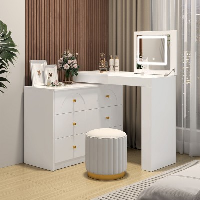 Okak Vintage Vanity Table with Mirror & LED Lights,Storage Dressing Desk with Drawers/Shelves,Adjustable Makeup Table for Small Bedrooms