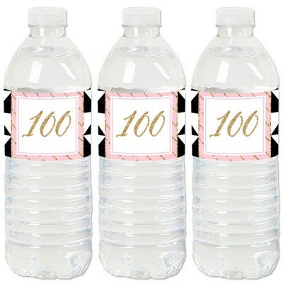 Big Dot of Happiness Chic 100th Birthday - Pink, Black and Gold - Birthday Party Water Bottle Sticker Labels - Set of 20