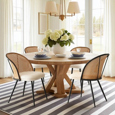 Rattan Dining Chair Set of 4/8,Upholstered Boucle Dining Chair with "V" Back,Kitchen Dining Chair for Dining Room Farmhause -Tanpinhause