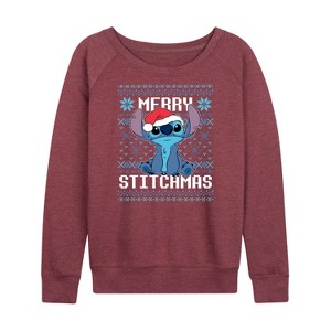 Women's - Lilo and Stitch - Merry Stitchmas Christmas Lightweight French Terry Wide Neck Long Sleeve Shirt - 1 of 4