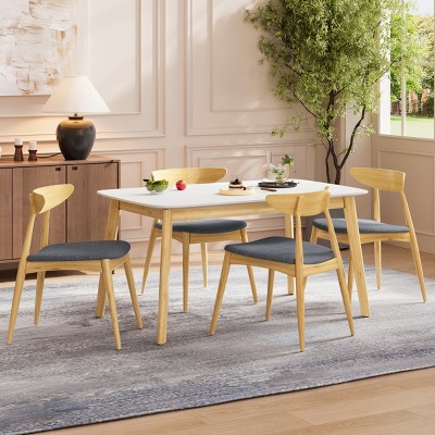 5-Piece Mid Century Modern Dining Set,59" Natural Rectangular Table & 4 Upholstered Chairs for Kitchen Dining Room-Baofuwish