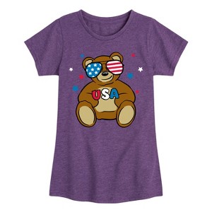 Girls' - Instant Message - Teddy Bear USA Red White Blue Sunglasses Fitted Short Sleeve Graphic T-Shirt - 1 of 4