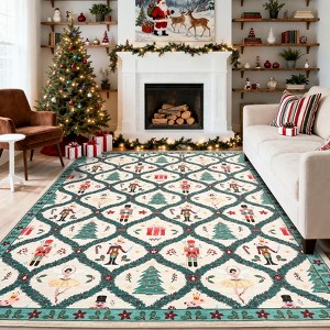 Washable Rugs for Living Room Christmas Nutcracker Print Accent Rug with Non Slip Backing - 1 of 4