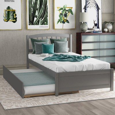 ALEXOUN Solid Wood Twin Size Platform Bed Frame with Trundle and Headboard, No Box Spring Needed,for Teens Boys Girls Bedroom,Room