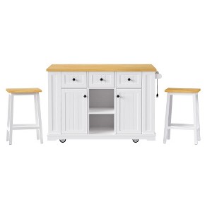Ridstar 53 in. W Large Kitchen Island with 2 Bar Stools, 5 Open Side Racks & 3 Drawers For Kitchen & Dining Room-White - 1 of 4