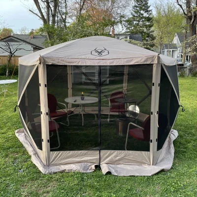user image by Asfan, Gazelle Tents G6 8 Person 12 by 12 Pop Up 6 Sided Portable Hub Outdoor Gazebo Screen Canopy Tent with Large Main Door and Screens, Desert Sand