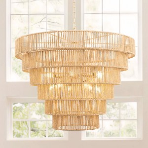 DORESshop 70 in Farmhouse Copper 12-Light Boho Chandelier with 5-Tier Rattan Shades for Living Room Kitchen - 1 of 4