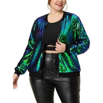 Agnes Orinda Women's Plus Size Metallic Sequin Sparkle Bomber Jackets Green 1x Target
