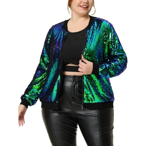 Agnes Orinda Women's Plus Size Party Metallic Sequin Sparkle Zip Bomber  Jackets Green 4x : Target