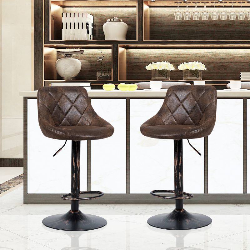 Costway Set of 2 Adjustable Bar Stools Swivel Bar Chairs Hot-stamping Cloth Retro Brown Low Back, 4 of 11