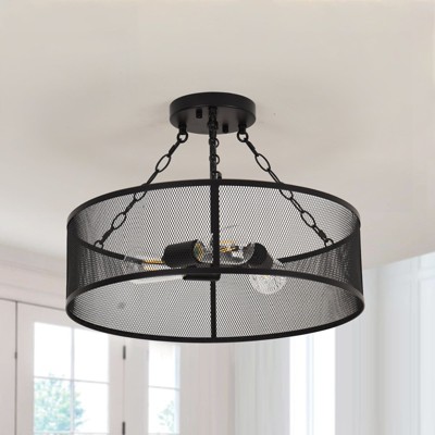 PAKOKULA 3-Light Matte Black Drum Farmhouse Semi-Flush Mount with Metal Mesh Cage Shade