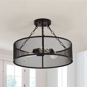 PAKOKULA 3-Light Matte Black Drum Farmhouse Semi-Flush Mount with Metal Mesh Cage Shade - 1 of 4