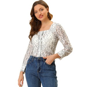 Allegra K Women's Lace Floral Blouse Square Neck Long Sleeve Button-Down Top - 1 of 4