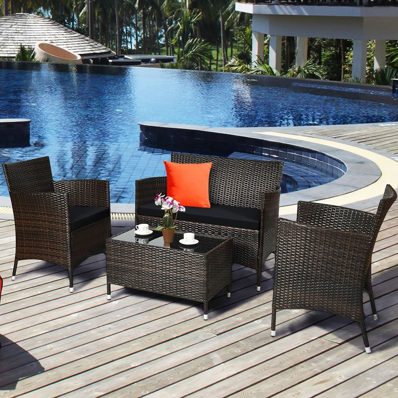 Costway 4PCS Rattan Patio Furniture Set Cushioned Sofa Chair Coffee Table, 2 of 11