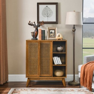 Modern Rattan Sideboard, Entry Buffet Hallway Living Room Kitchen Dining Room Bedroom With Adjustable Bookshelf And Solid Wood Foot Pads - 1 of 4