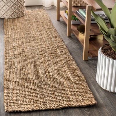 Checkered Handwoven Natural Jute Runner Rug with Off White Design