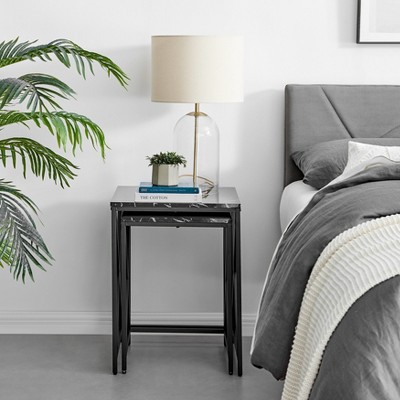 Modern Faux Marble and Black Metal Nesting End Table Set