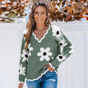 Women's Scalloped Floral Intarsia Knit Sweater - Cupshe - 1 of 4