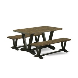 HomeStock 3-Piece Rectangle Distressed Jacobean Finish Solid Wood Top Dining Table with 2-Benches - 1 of 4