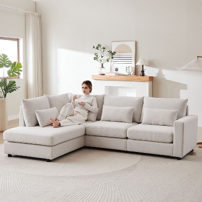 100.2” Convertible L-Shaped Linen Sofa with Ottoman - Plastic Legs, 5 Cushions, 4 Lumbar Pillows, Comfortable Combo for Living Room
