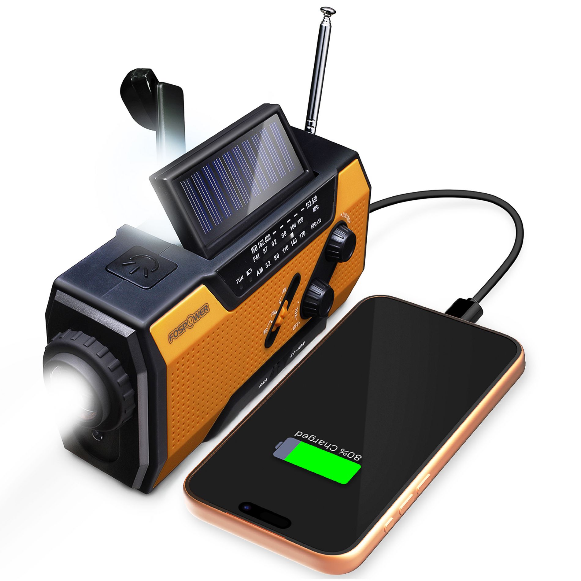 FosPower Solar Hand Crank Emergency Radio with Flashlight Cell Phone Charger, AM/FM/NOAA Weather Radio Power Bank, IPX3 SOS Alarm Reading Lamp