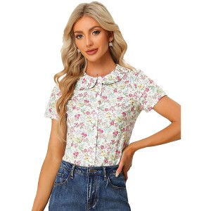 INSPIRE CHIC Women's Summer Peter Pan Collar Button Front Vintage Floral Print Blouse - 1 of 4