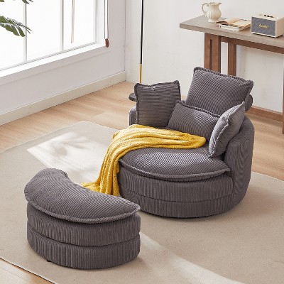 38"W Oversized Corduroy Swivel Chair with Moon Storage Ottoman, Modern Accent Round Loveseat Circle Barrel Chairs with 4 Pillows 4Q-ModernLuxe