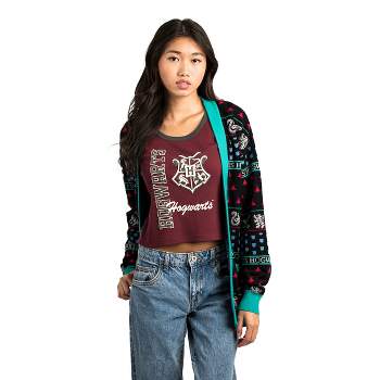 Women's Officially Licensed Harry Potter Relaxed Fit Knit Cardigan - Black with Teal Ribbing & House Icons Jacquard Print