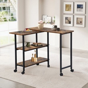 FurnitureR Folding Rolling Side Table for Living Room, Industrial Mobile End Table with Storage Shelves, Rustic Brown - 1 of 4